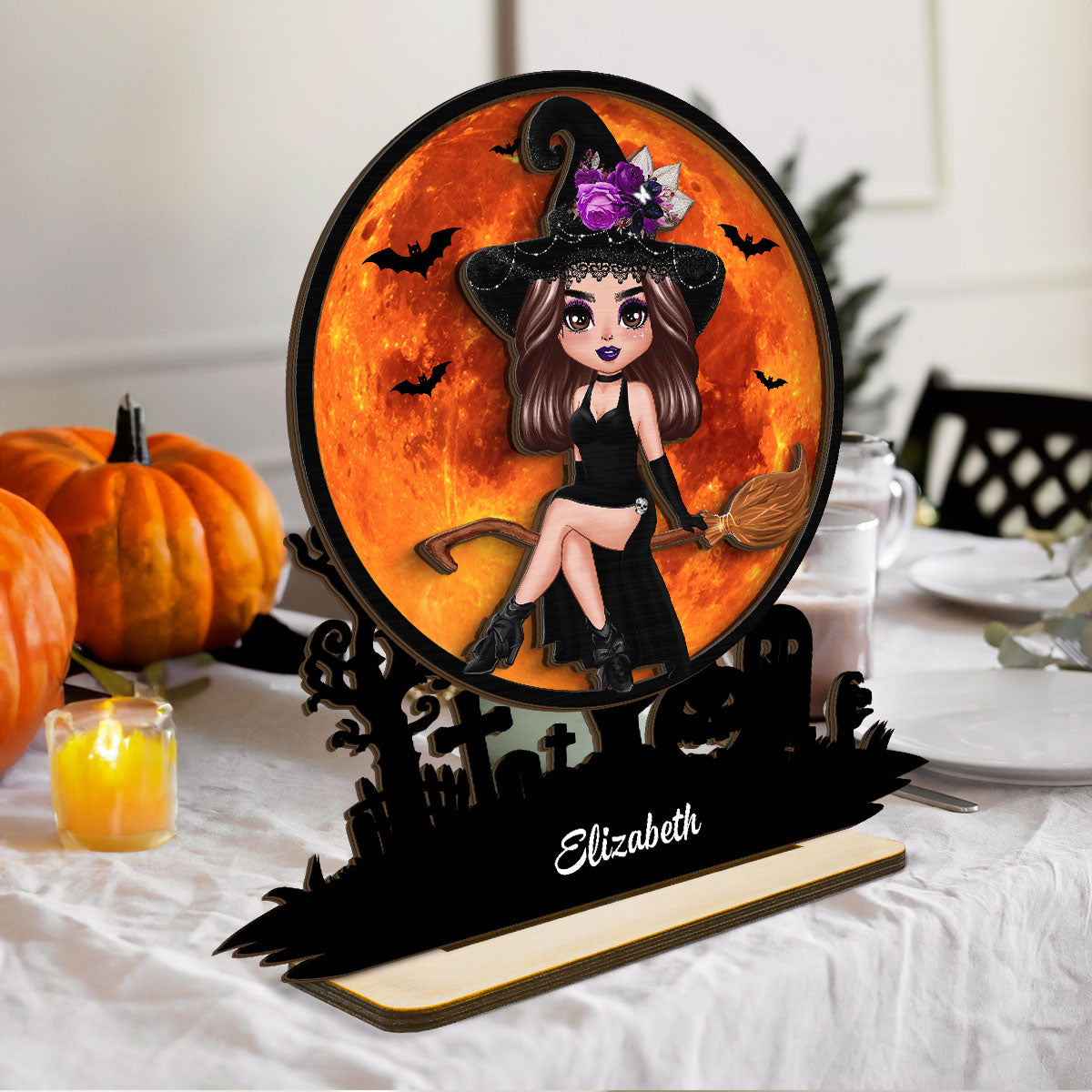 Witch On Broom Halloween Moon Tabletop Tier Tray Wicca Pagan Decor Personalized 2-Layer Standing Wooden Plaque