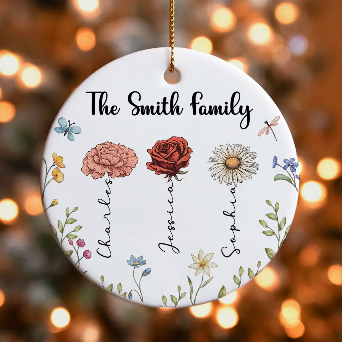 Family Birth Flower Personalized Ceramic Ornament, Christmas Gift For Family, Daughter, Son