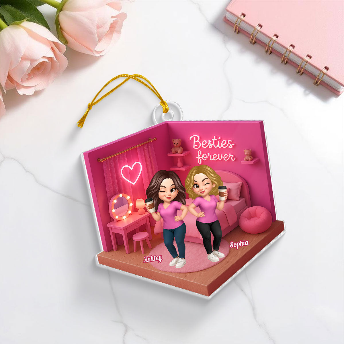 3D Effect Besties Pink Tone Dream Dollhouse Personalized Flat Acrylic Ornament