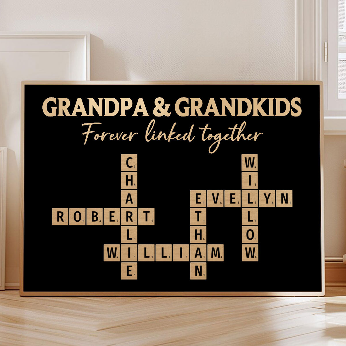 Grandpa & Grandkids Forever Linked Together Crossword Puzzle Art Rustic Personalized Poster, Heartfelt Father's Day Gift For Grandpa