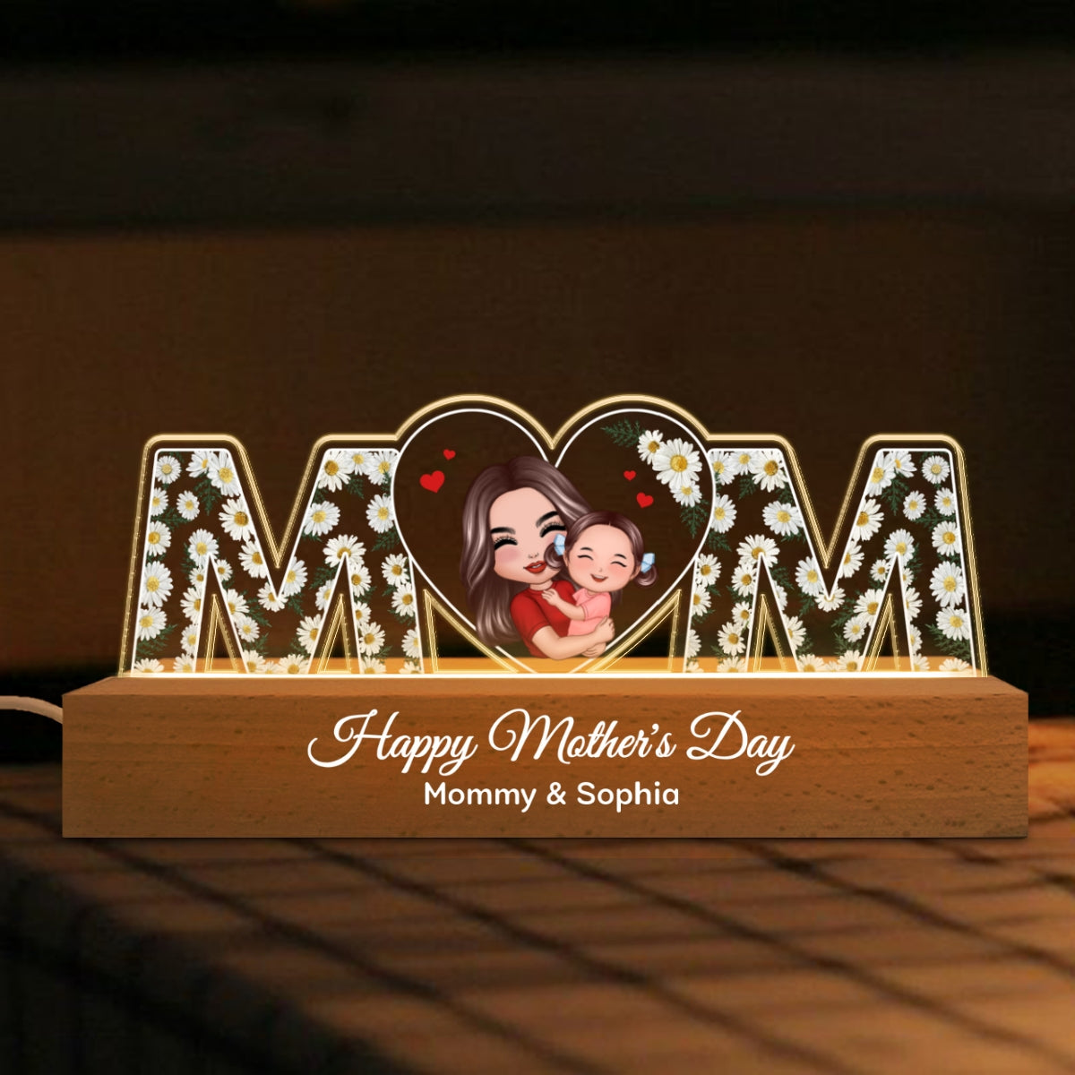 MOM Flowers Mom Hugging Kid Personalized LED Night Light, Gift For Mom