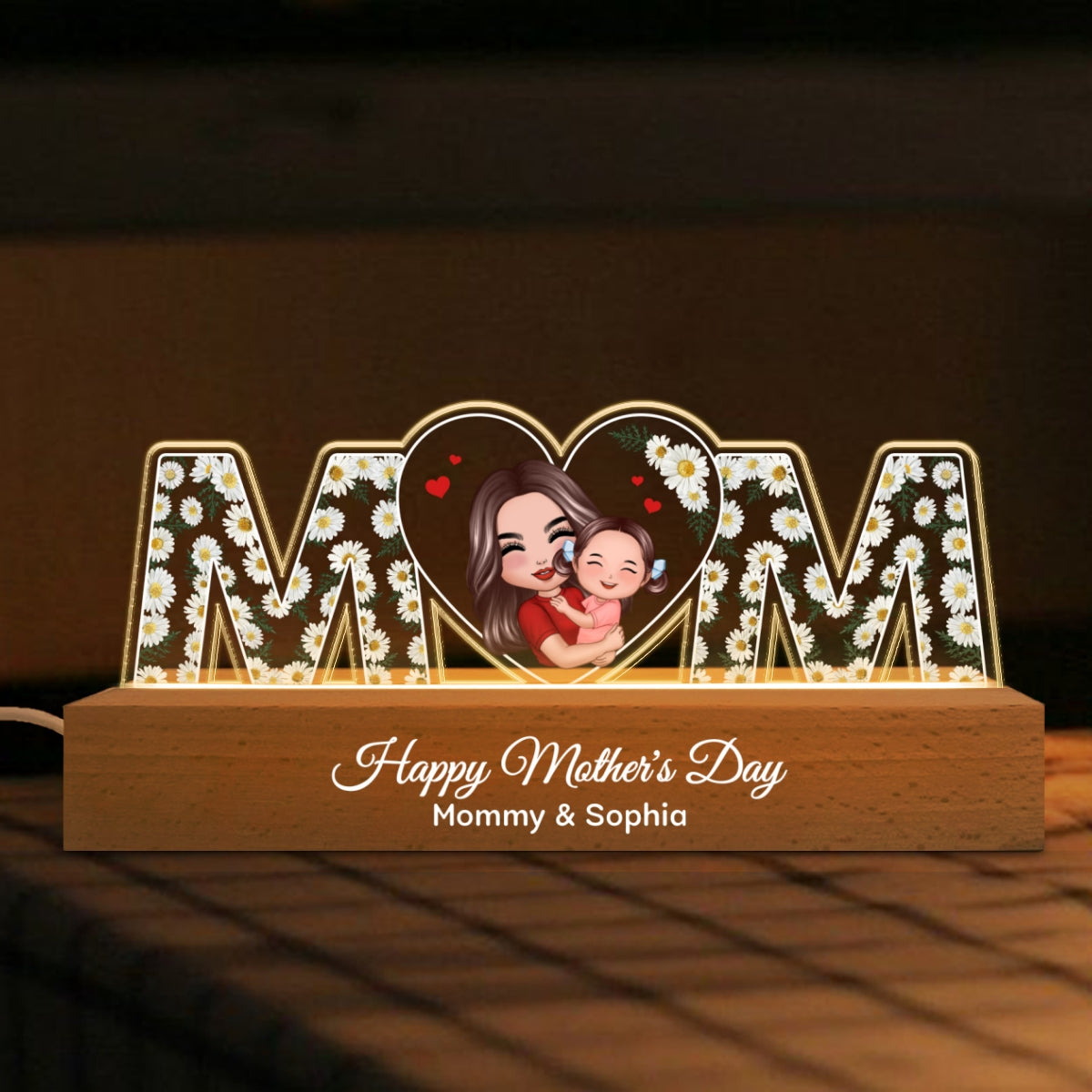 MOM Flowers Mom Hugging Kid Personalized LED Night Light, Gift For Mom