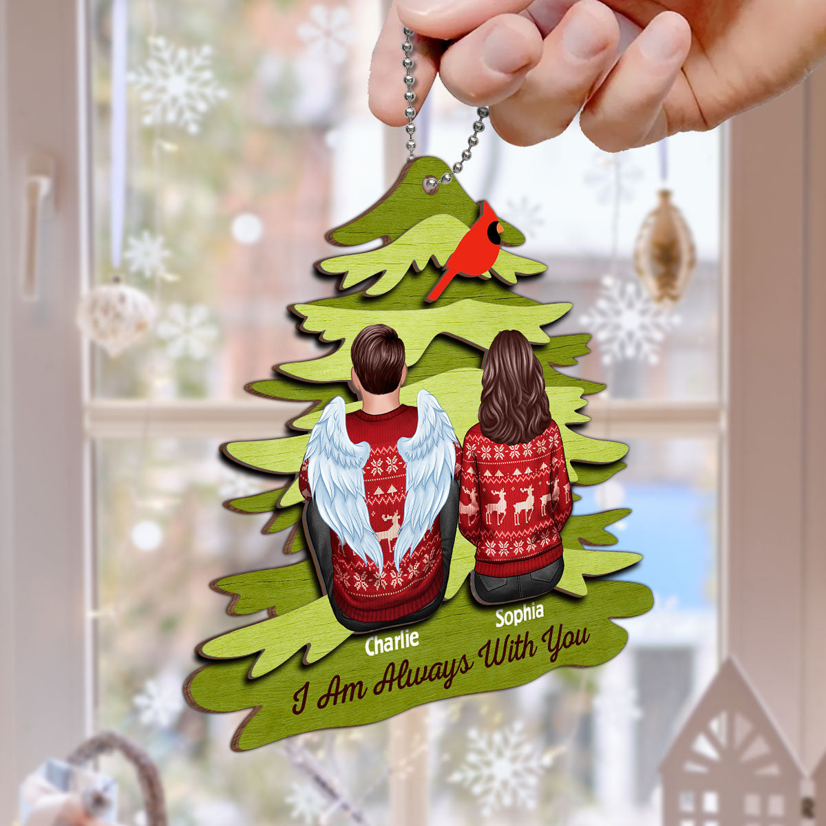 Rustic Red Cardinal I Am Always With You Personalized Christmas 2-Layer Wooden Ornament