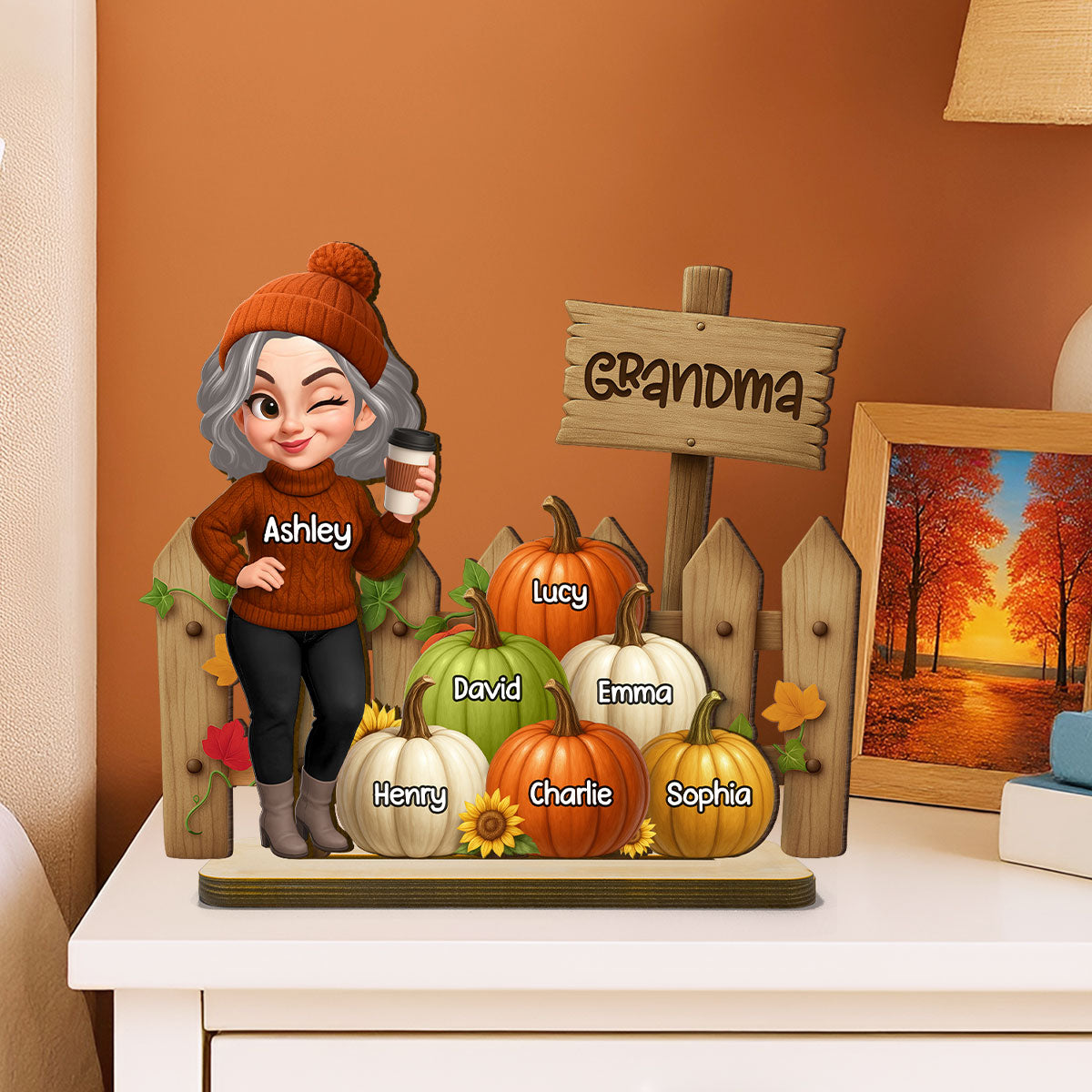 Grandma Fall Season Standing At Fence Pumpkins Personalized Standing Wooden Plaque