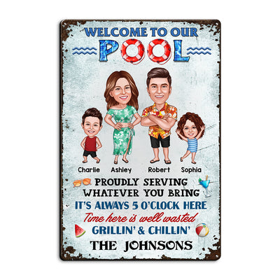Welcome To Our Pool Caricature Family, Summer Swimming Decor, Personalized Metal Sign