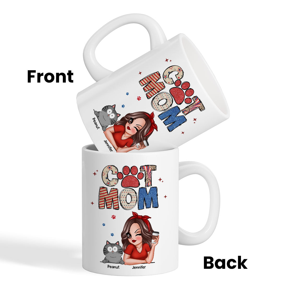 Cat Mom 4th of July America Sparkly Pattern Personalized Mug, Independence Day