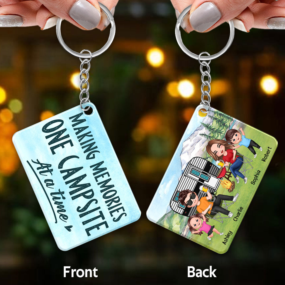 Happy Campers Family Doll Couple & Kids Camping Personalized Acrylic Keychain