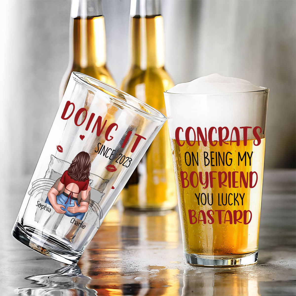 Congrats On Being My Husband Man Embracing Woman Back View Personalized Beer Glass