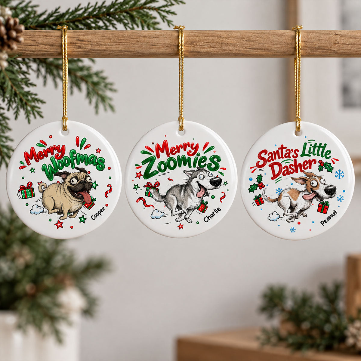 Merry Zoomies Quirky Dog Portrait From Your Custom Pet Photo - Personalized Ceramic Ornament - Funny Christmas Gift For Dog Lover