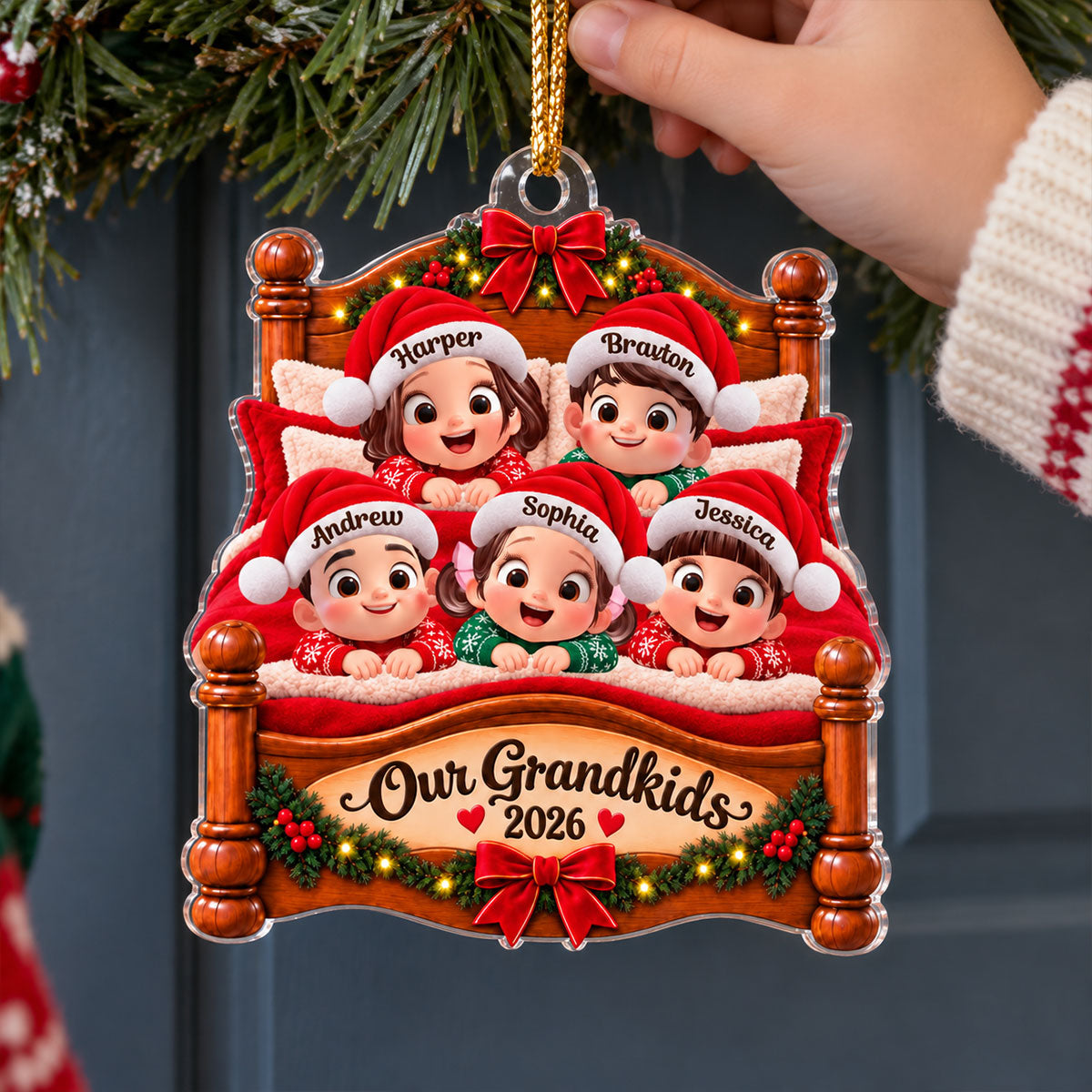 Our Grandkids Christmas Bed 2D Flat - Personalized Acrylic Ornament - Grandchildren Keepsake Gift for Grandma & Grandpa
