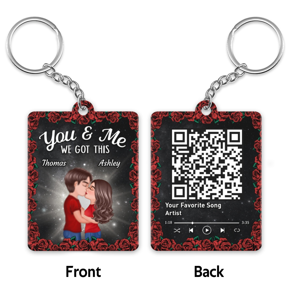 Roses Doll Couple Kissing Favorite Song Scannable QR Code Personalized Acrylic Keychain
