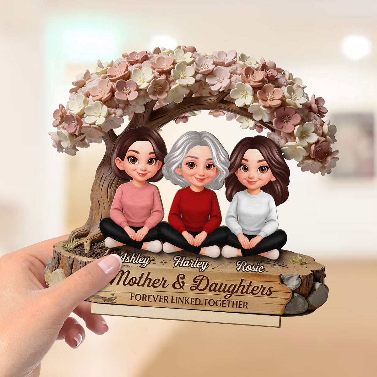 Mom And Daughter Son Under Blossom Tree - Personalized 2-Layered Wooden Plaque - Gift For Mom