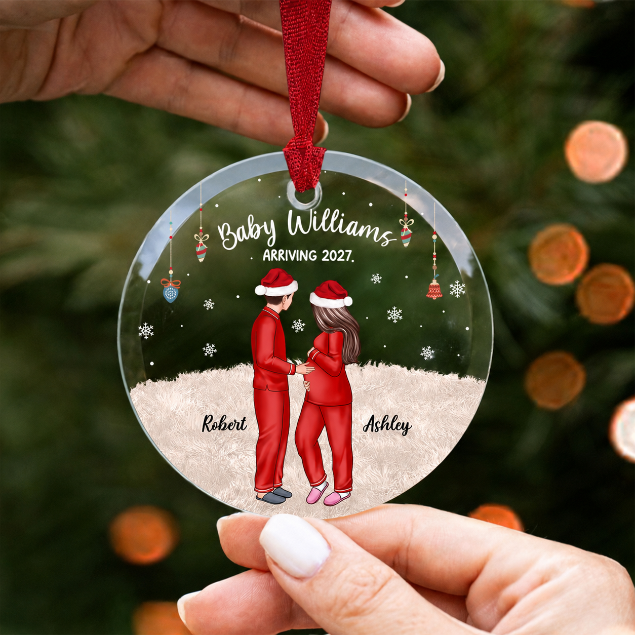 Personalized Pregnancy Ornament, Expecting Family Christmas Personalized Circle Glass Ornament, New Mom Christmas Gift