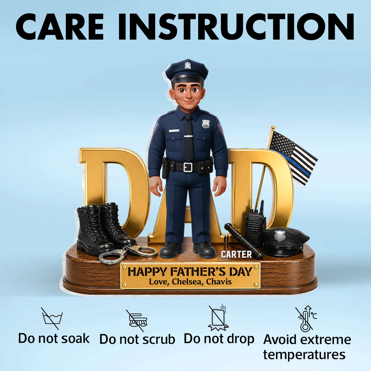 Proud American Police Dad You Are Our Hero Thin Blue Line 2D Flat - Personalized Acrylic Block Plaque -  Gift For Dad