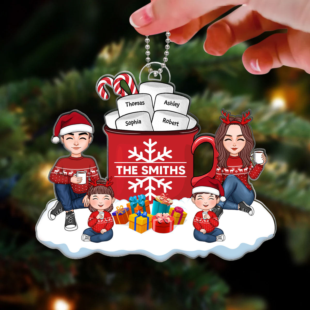 Cute Family Dad Mom Kids Dogs Cats Sitting By Christmas Hot Cocoa Personalized Acrylic Ornament