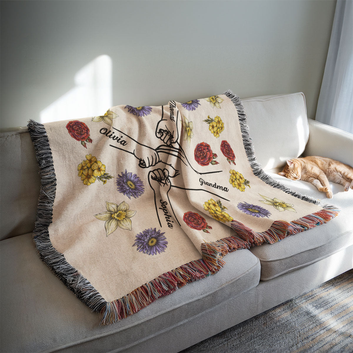 Birth Month Flower Grandma Mom And Kids Holding Hands Personalized Tapestry Woven Blanket