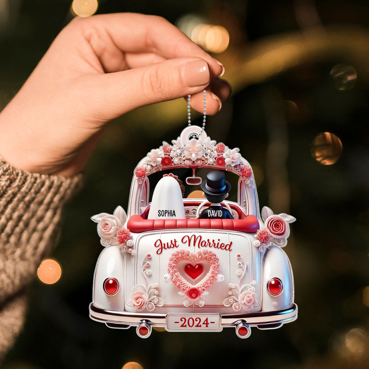 First Christmas Married Couple In Wedding Car Personalized Acrylic Ornament, Unique Christmas Gift For Newlyweds