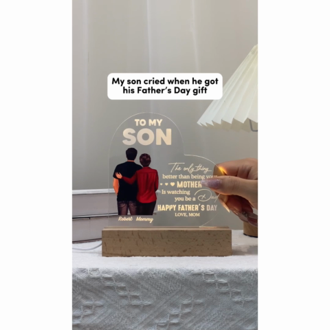 From Mom To Son Happy Father's Day Personalized Heart Acrylic Warm LED Night Light, Heartfelt Gift For Son