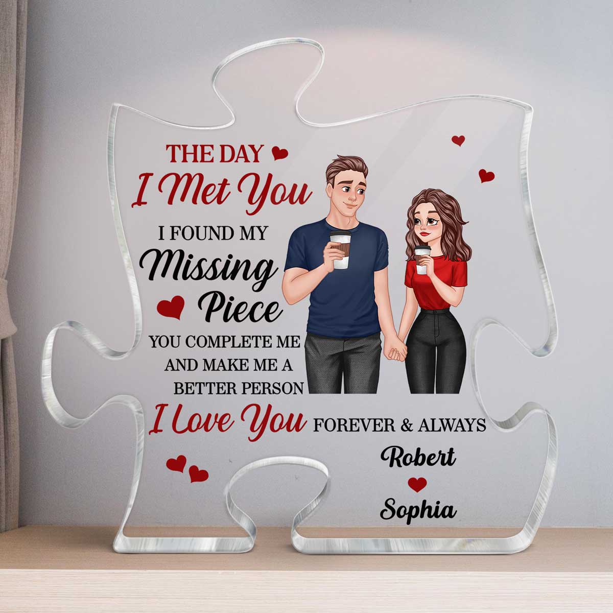 Cartoon Couple Hand In Hand Found My Missing Piece Personalized Puzzle Acrylic Plaque - Anniversary Gift For Him For Her