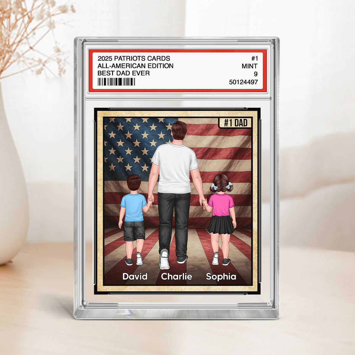 Nation Flag Dad & Kids Walking Patriotic Dad Trading Card Style Personalized Acrylic Block Plaque