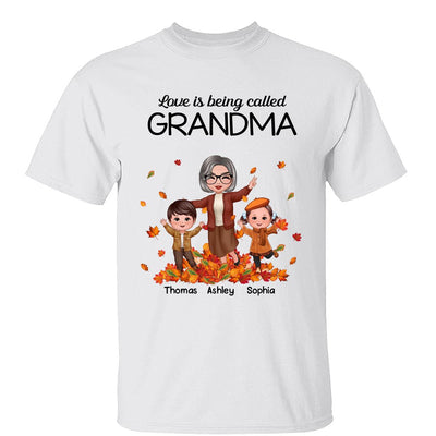 Fall Season Happy Doll Grandma And Grandkids Playing With Autumn Leaves Pile Personalized Shirt