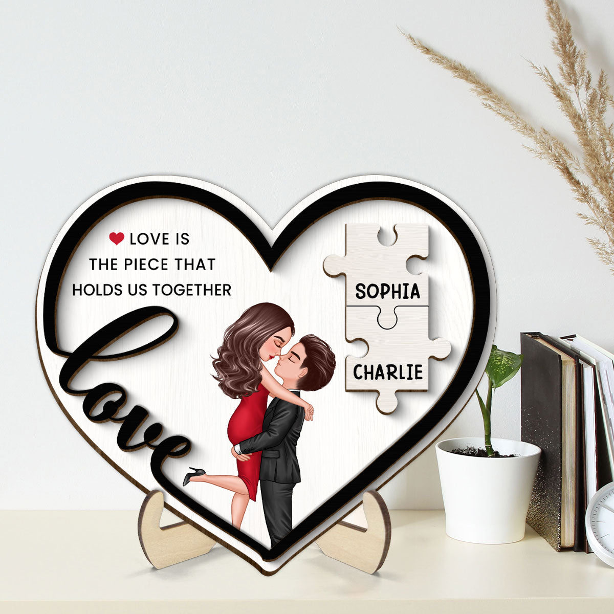 Love Piece Holds Us Together Couple Kissing Personalized 2-layer Wooden Plaque, Valentine‘s Day Gift For Him, For Her