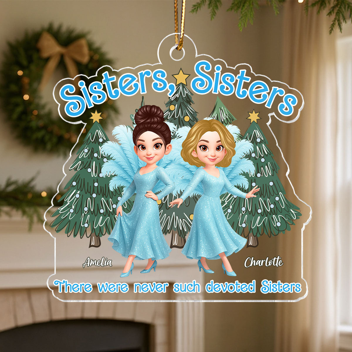 Cute Cartoon Sisters Besties Blue Dress Under Christmas Tree Personalized Acrylic Ornament