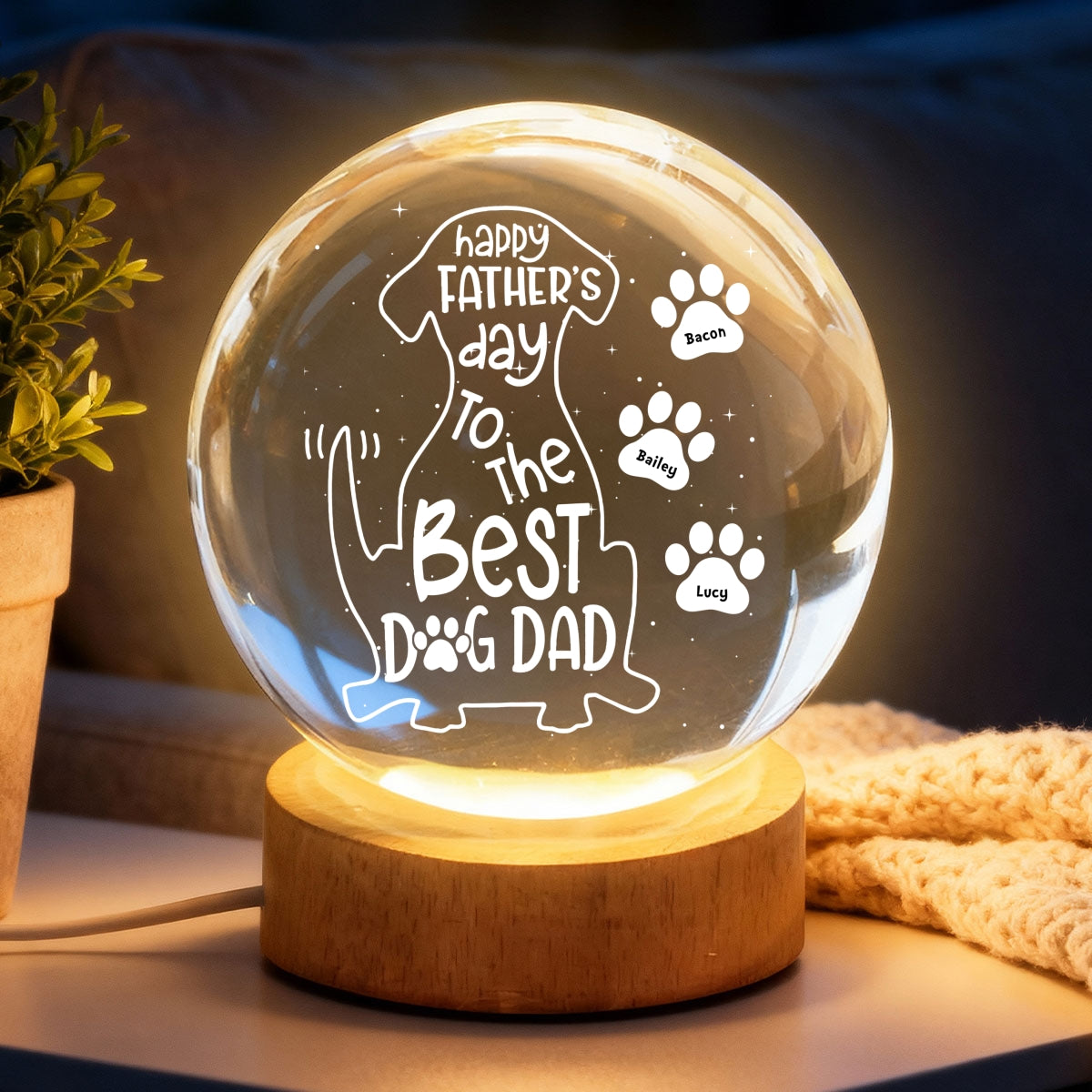 Happy  Dog Dad - Personalized Crystal Ball LED Night Light - Heartfelt  Gift for Husband
