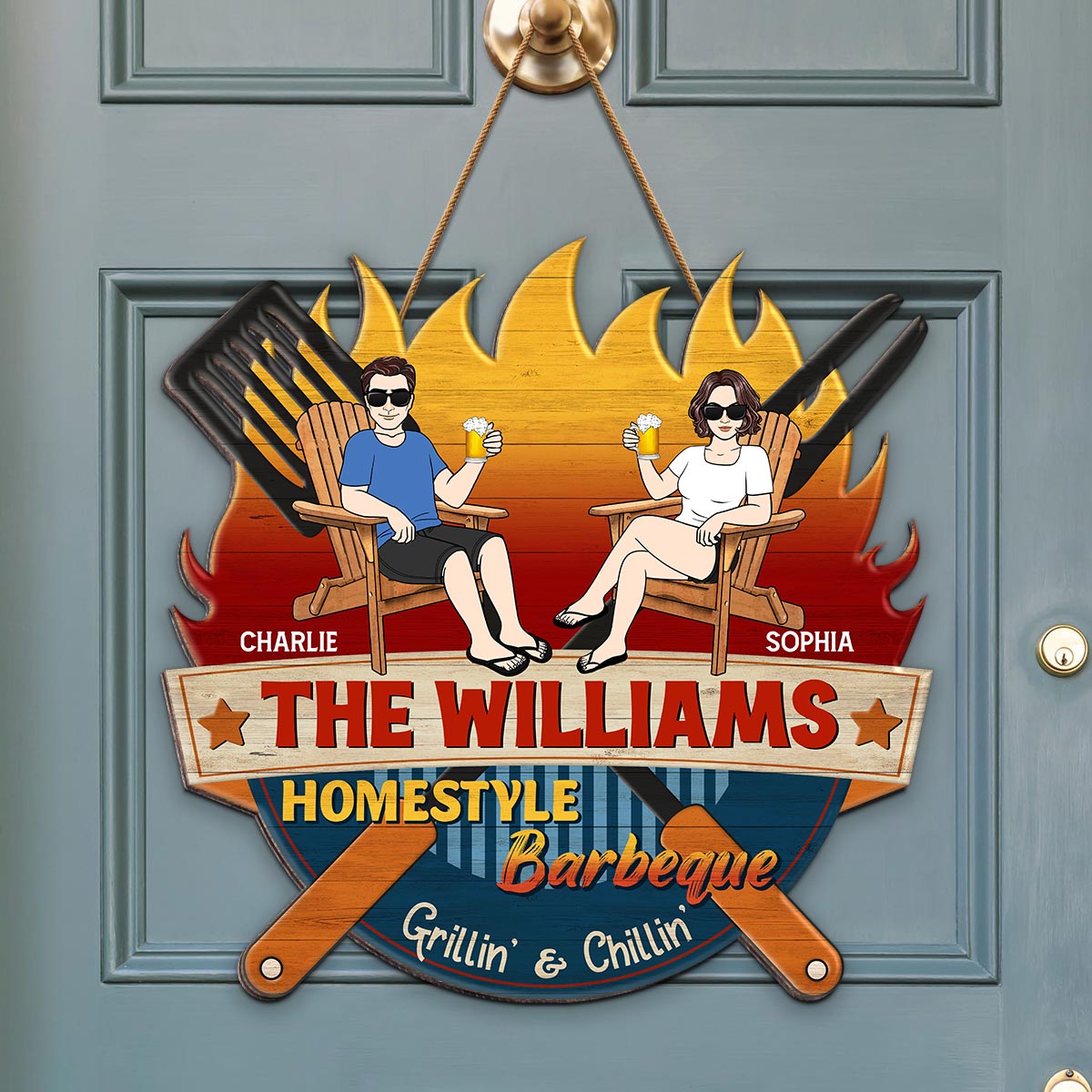 Homestyle Barbeque Couple Sitting Personalized Wood Sign