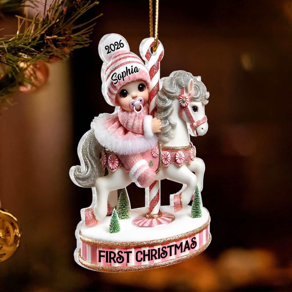 Baby's First Christmas Cute Baby On Carousel Horse Personalized Acrylic Ornament, New Parents Keepsake, Gift For Newborn