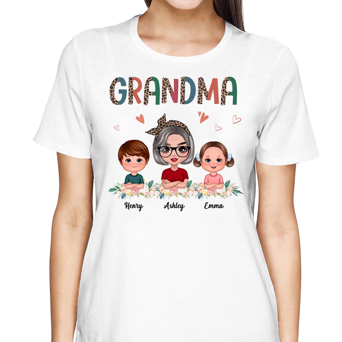 Colorful Half Leopard Doll Grandma Grandkids Floral Personalized Shirt