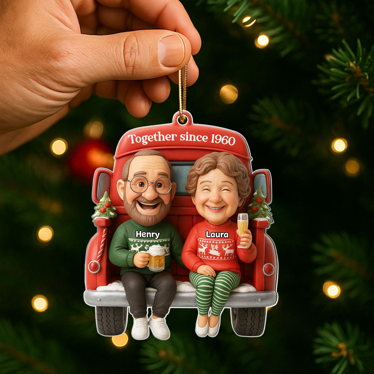 Old Couple Sitting on Christmas Truck - Personalized Acrylic Ornament - Christmas Gift for him, Gift for her