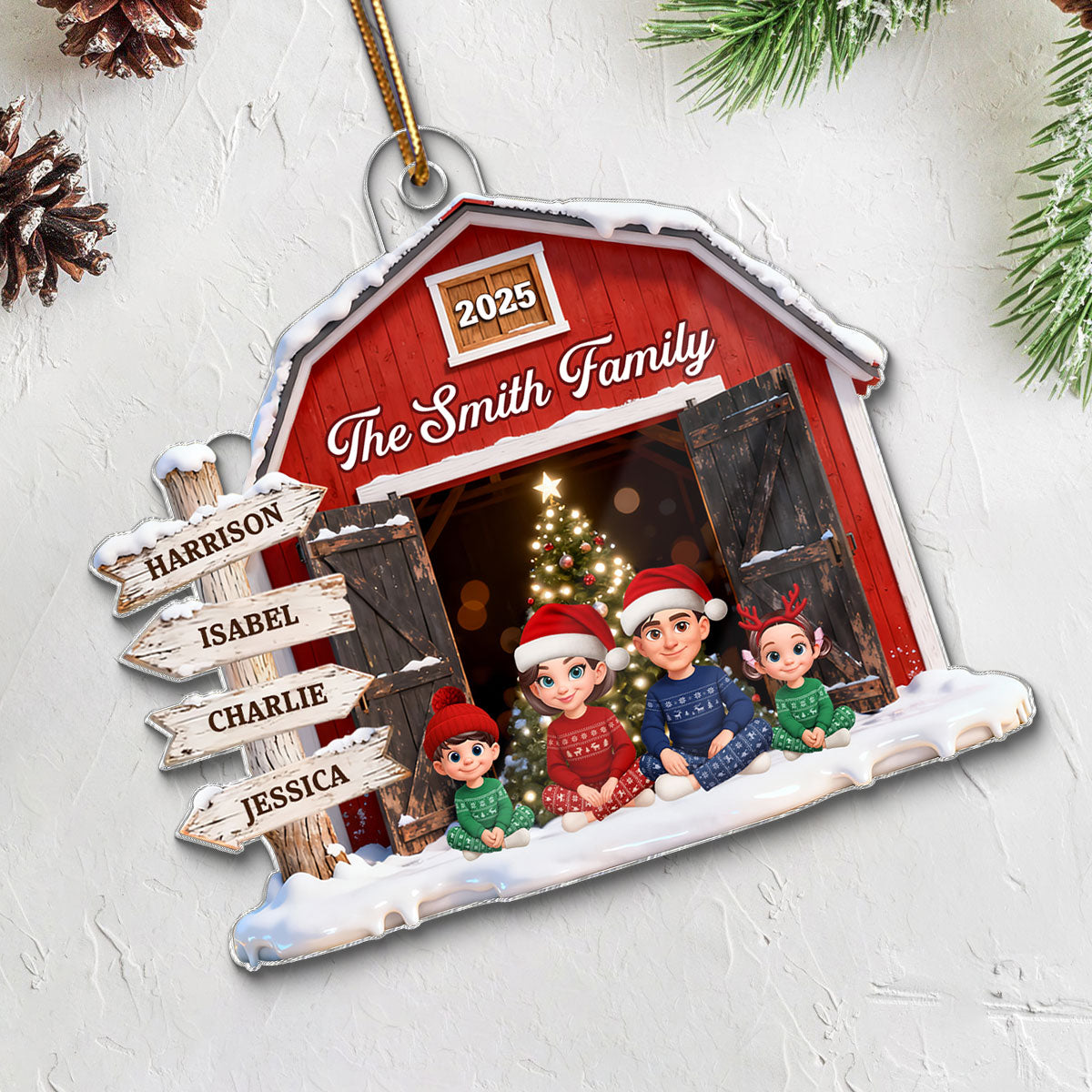 3D Effect Christmas Nostalgia Barn House Family Sign Posts Family Together - Personalized Acrylic Ornament - Gift For Family, Farmhouse Decor