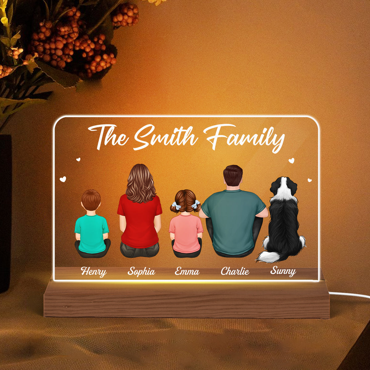 Whole Family Back View Couple Dad Mom Kids Dogs Cats Sitting - Personalized Acrylic LED Night Light