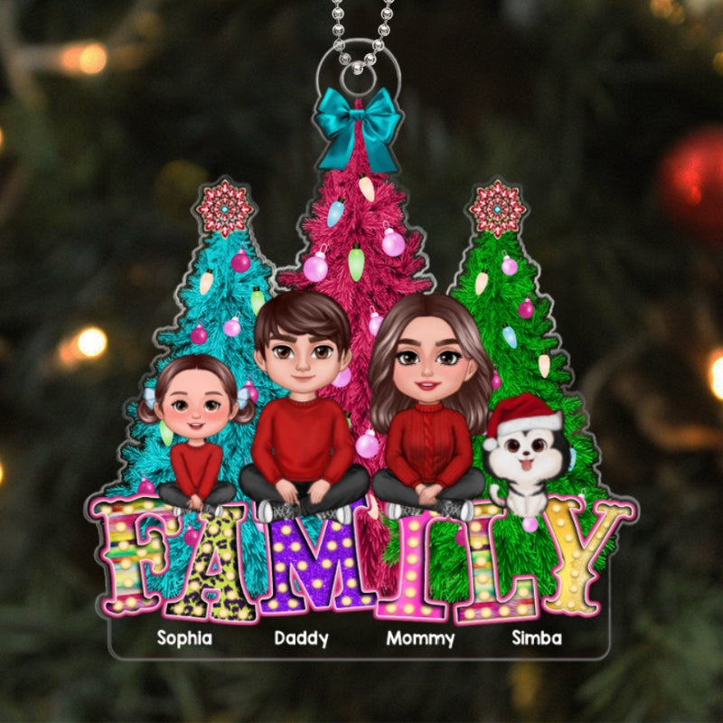 Family Sitting Crossed Legs Christmas Tree Colorful Marquee Personalized Acrylic Ornament