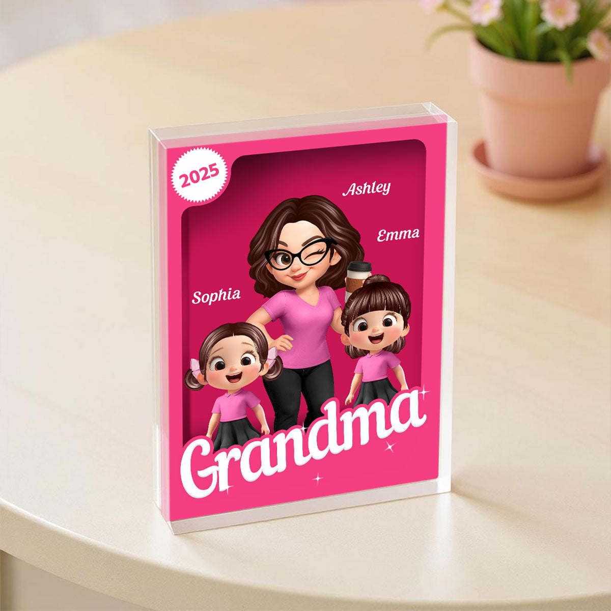 Grandma Grandkids 3D Effect Pink Action Figure Personalized Acrylic Block