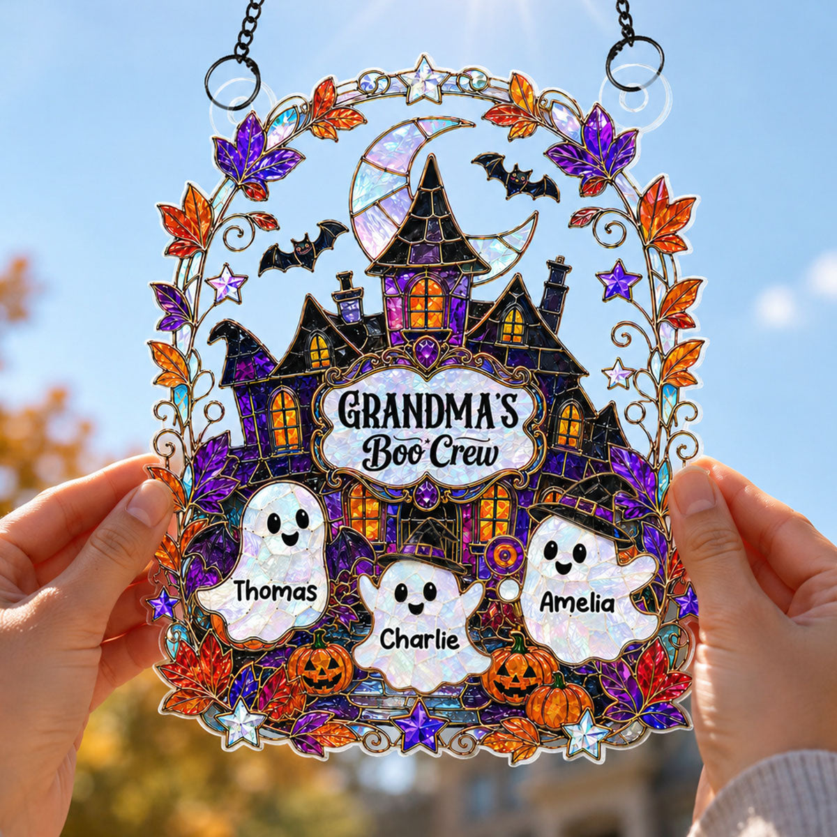 Whimsical Grandma's Boo Crew Haunted House - Personalized Acrylic Suncatcher - Halloween Decoration For Grandma