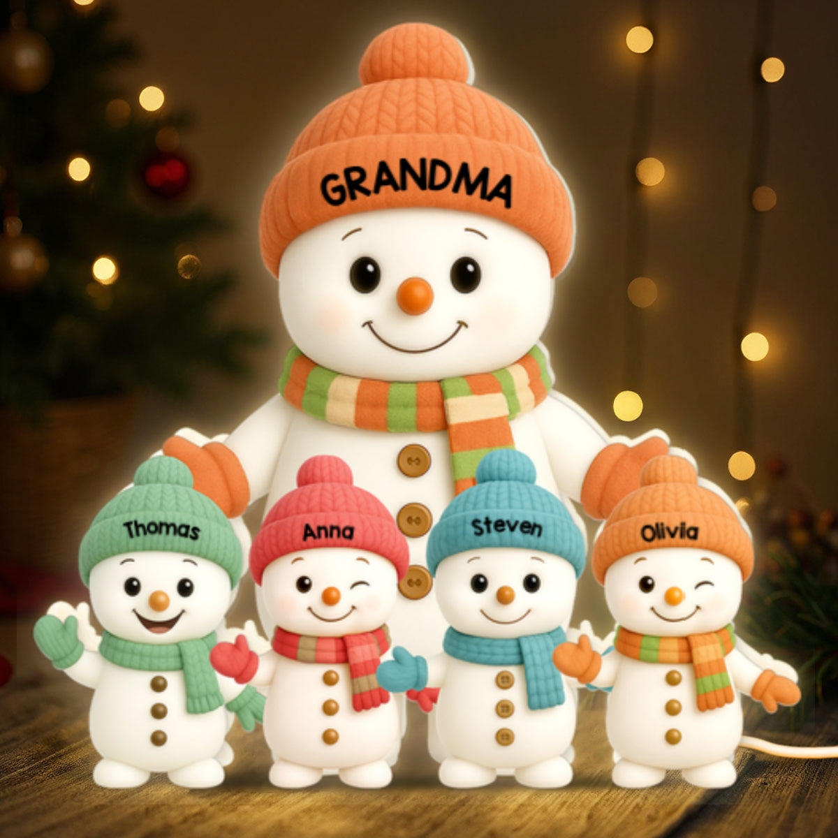Pastel Color Christmas Grandma Grandkids Snowman Together - Personalized Light Box
