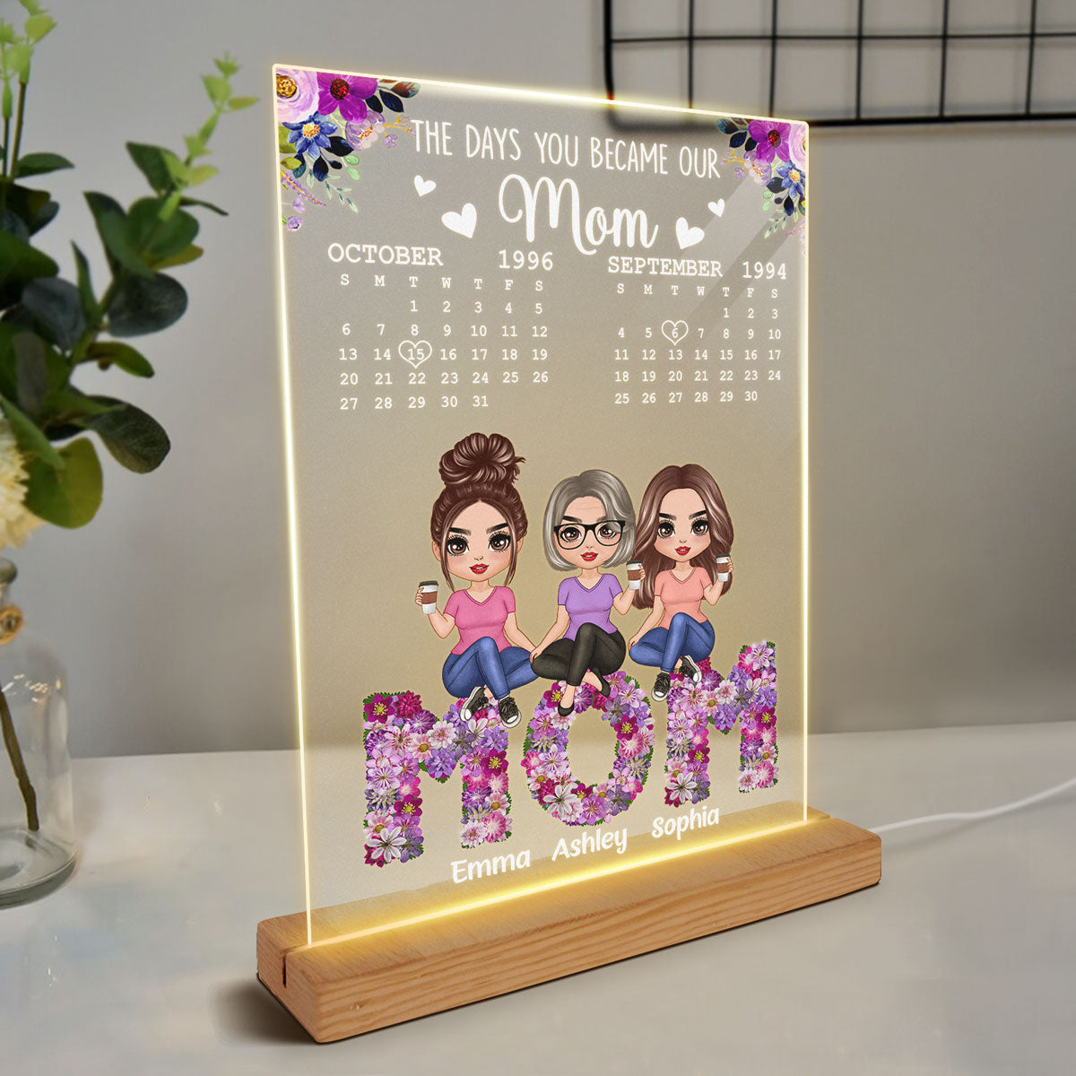 Mom Daughter Son Sitting On Flower Text Calendar Personalized Acrylic LED Night Light