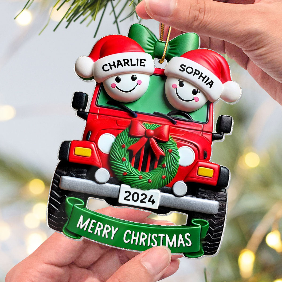 3D Effect Happy Couple On Christmas Car Personalized Acrylic Ornament