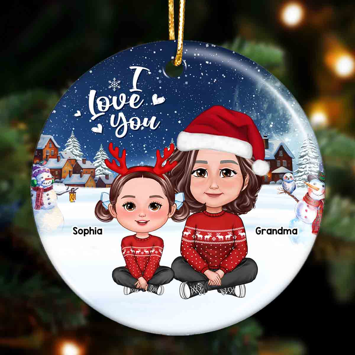 Christmas Grandma & Grandkid Sitting Crossed Legs I Love You Gift For Granddaughter Grandson Personalized Circle Ornament