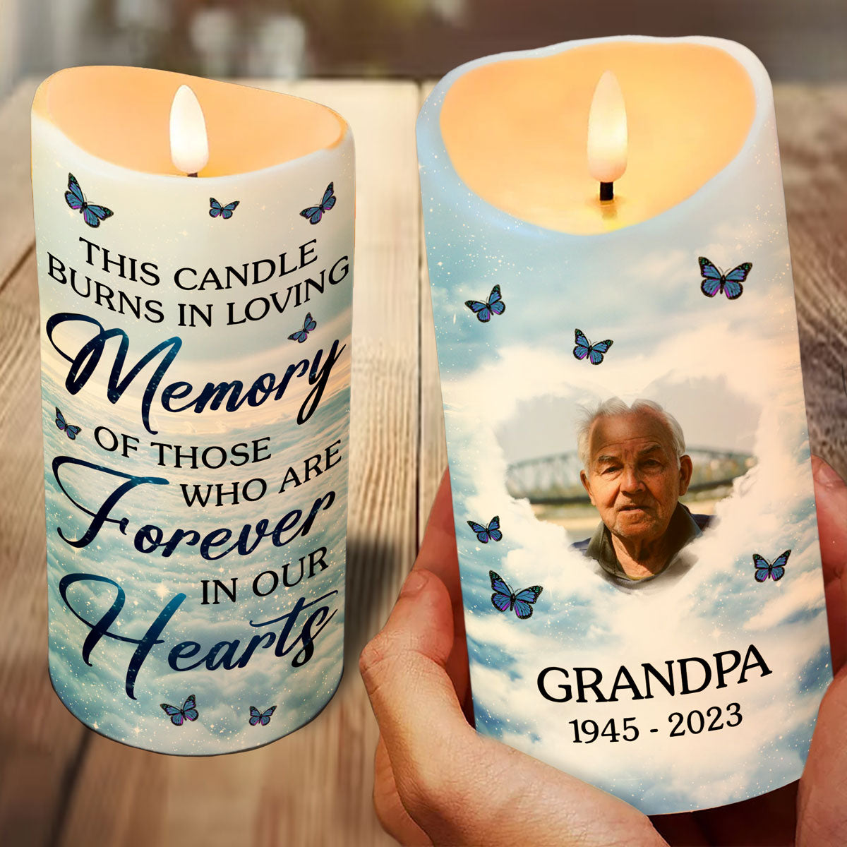 This Candle Burns In Loving Memory Sky Photo Upload Memorial Personalized LED Candle