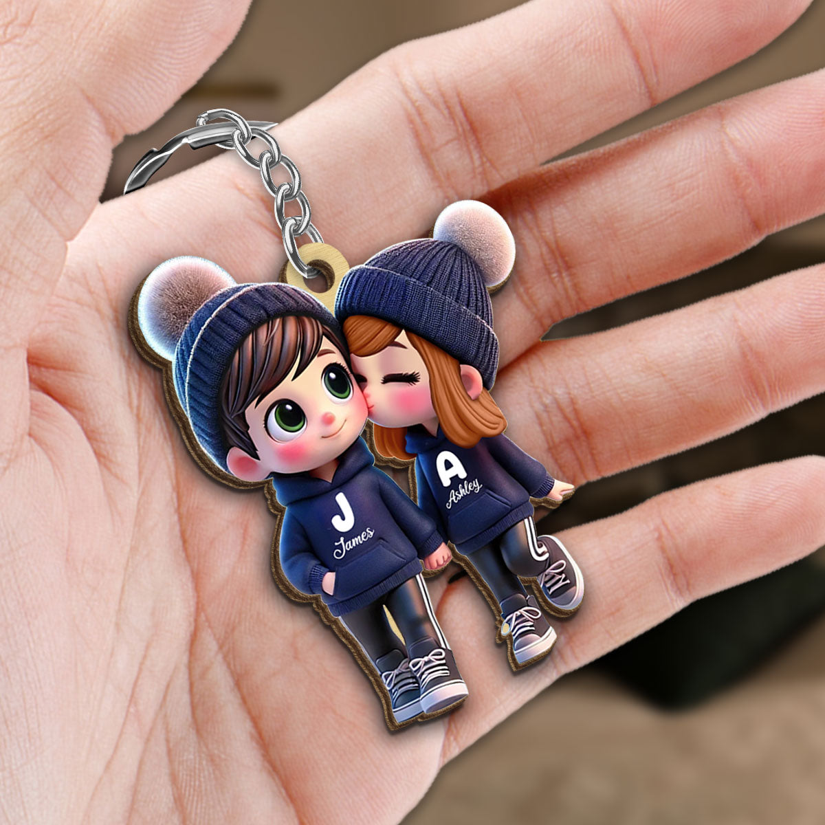 3D Effect Cute Cartoon Couple Walking Personalized Wooden Keychain,  Gift for Him, Gift for Her