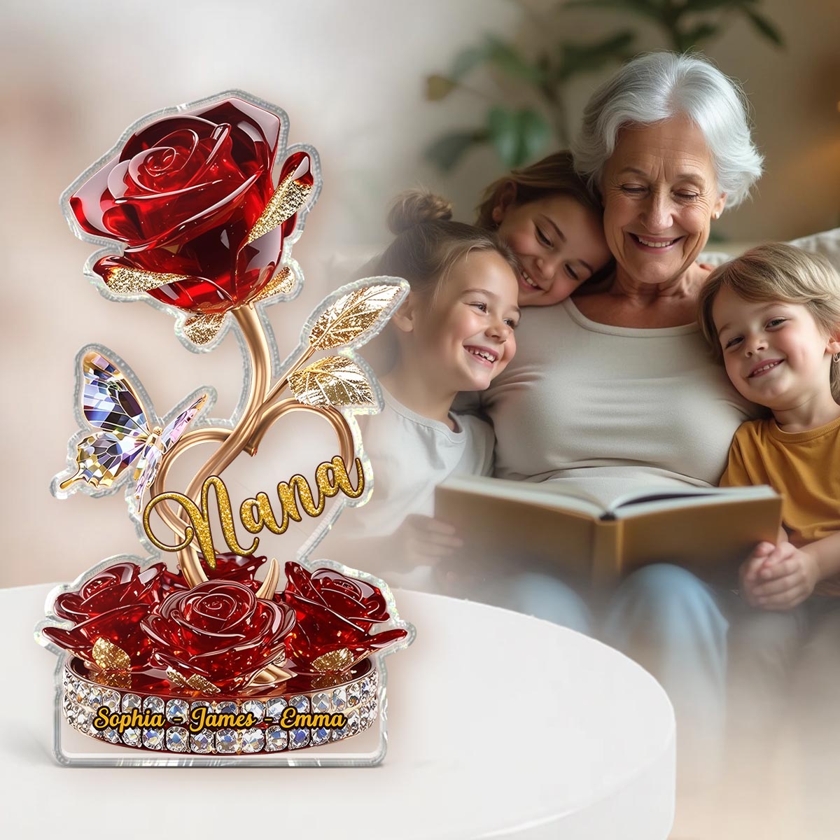 Beautiful Rose For Grandma Mom Realistic 3D Effect Personalized Flat Acrylic Block Plaque