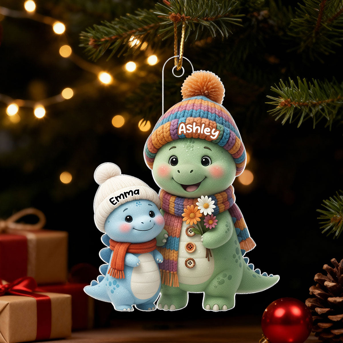 Cute Dinosaur Grandma & Grandkids - Personalized Acrylic Ornament - Christmas Gift for Grandma