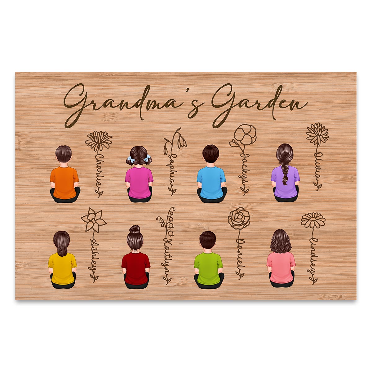 Grandkids Sitting Grandma Garden Outline Birth Month Flowers Mother‘s Day Gift Personalized Horizontal Poster