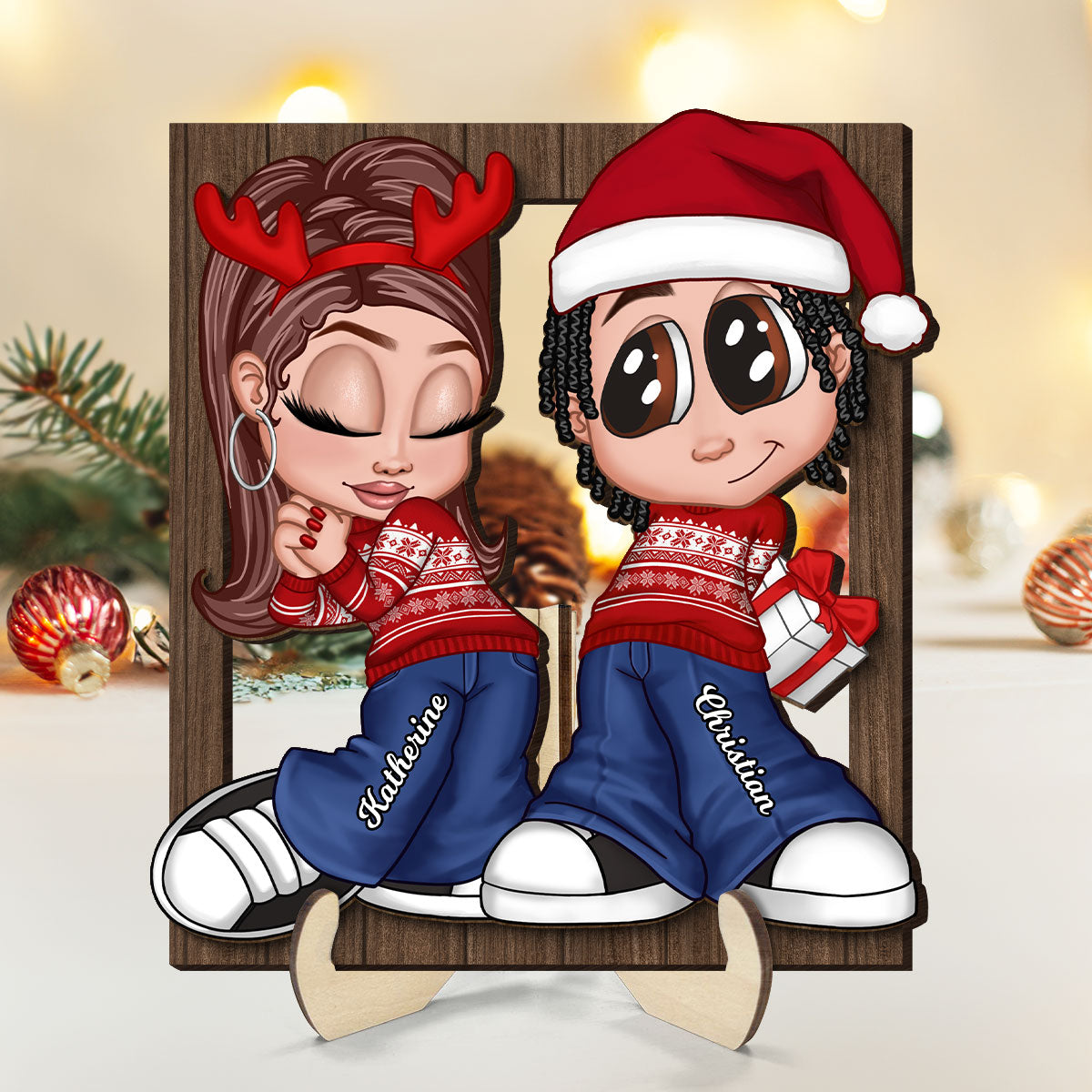 Christmas Y2K Couple Frame Personalized 2-Layer Wooden Plaque
