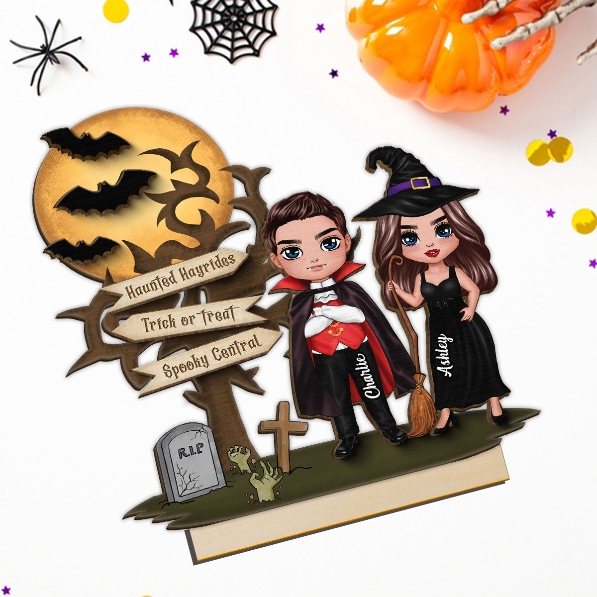 Couple With Moon Bat Tree Halloween Tabletop Tiered Tray Decor Personalized 2-Layer Standing Wooden Plaque