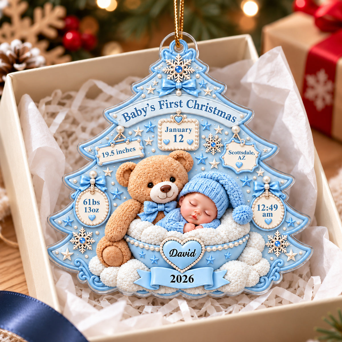 Baby's First Christmas Teddy Bear Tree - Personalized Acrylic Ornament – Custom Newborn Birth Stats Keepsake, First Christmas Gift for Baby Boy & Girl