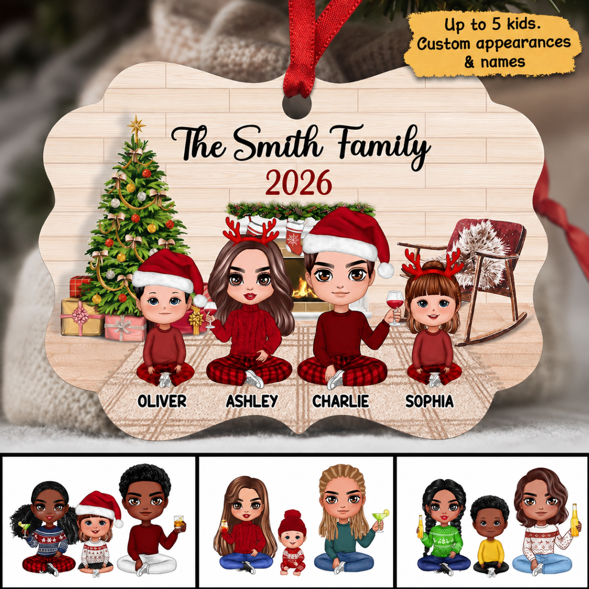 Doll Styles Family Dad Mom Kids Sitting In House Personalized Christmas Ornament